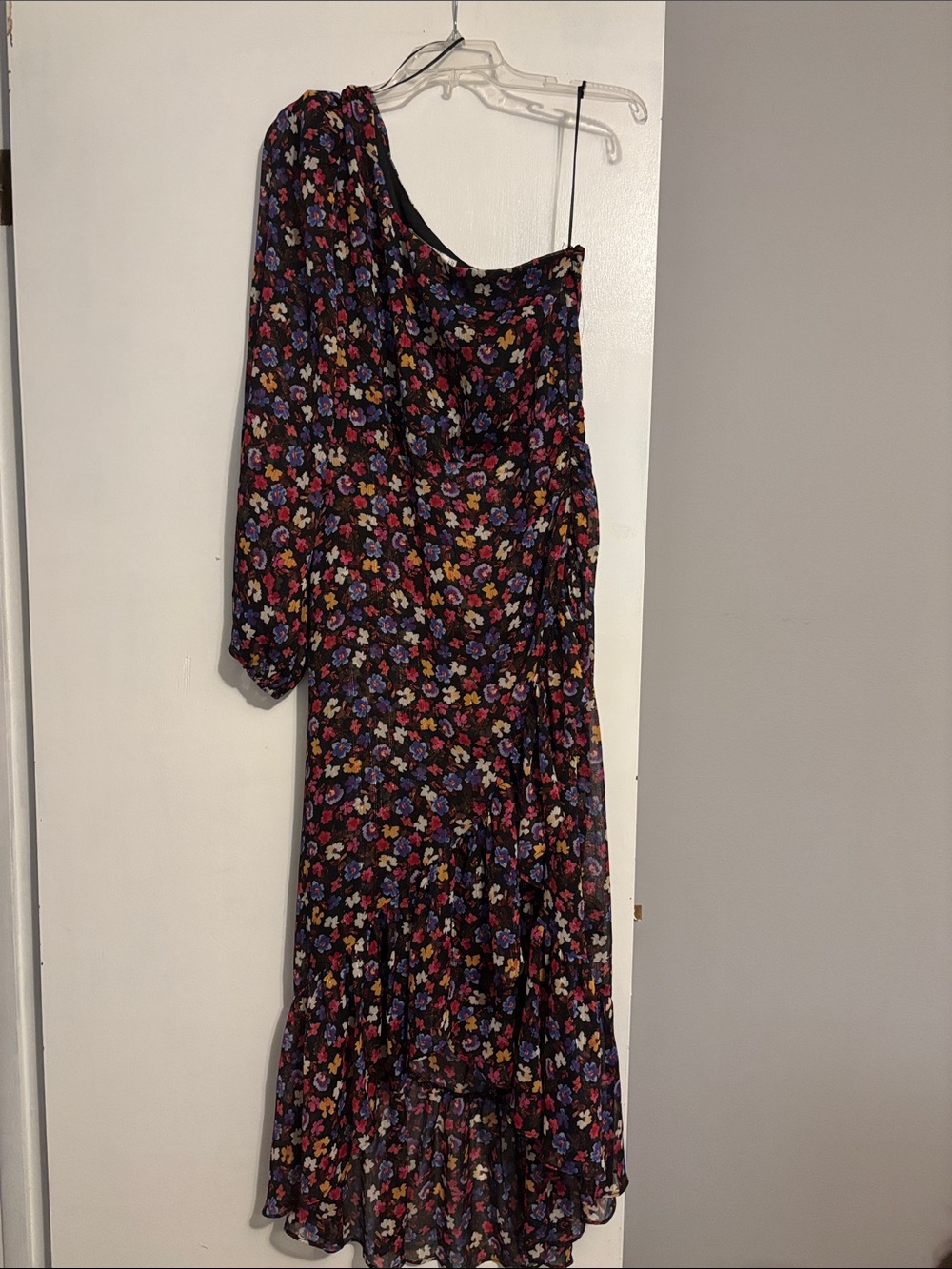 ASTR The Label Calista Floral One Shoulder Midi Dress Blue and Red Ditsy
